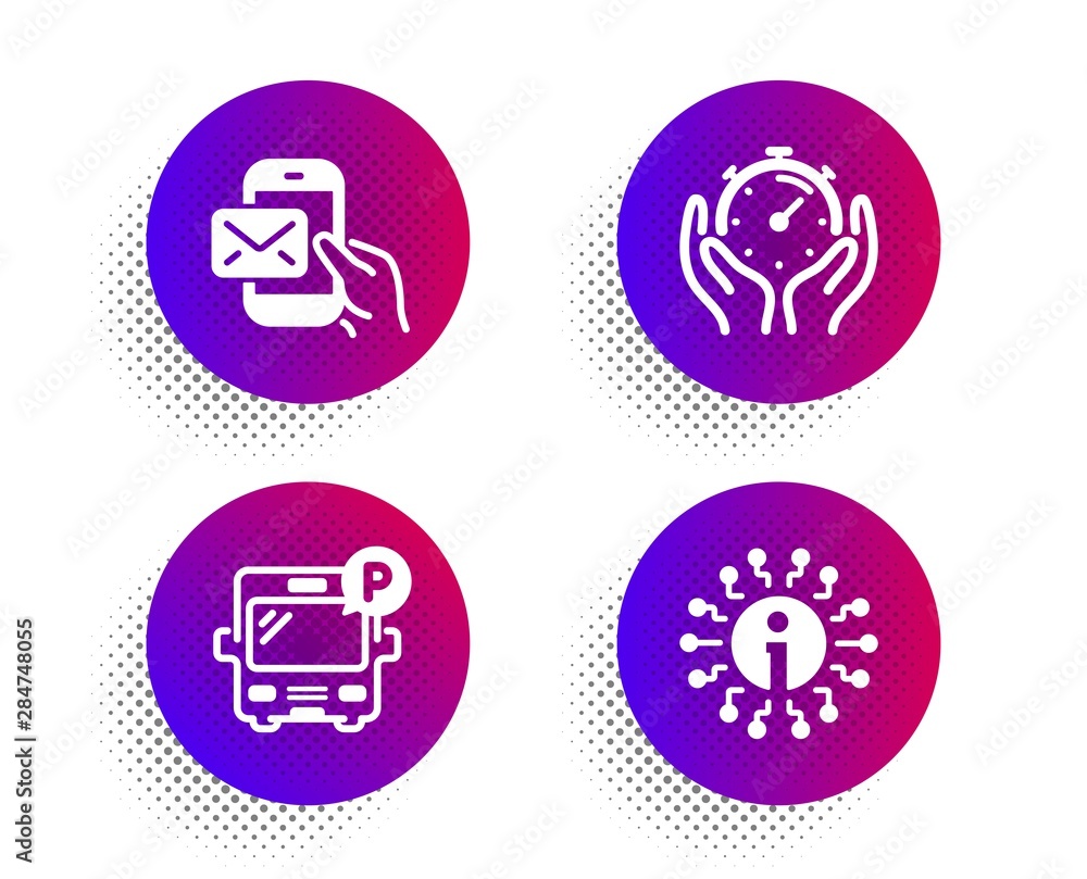 Poster timer, messenger mail and bus parking icons simple set. halftone dots button. info sign. deadline ma