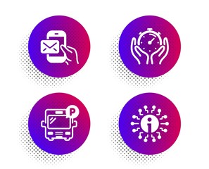 Timer, Messenger mail and Bus parking icons simple set. Halftone dots button. Info sign. Deadline management, New e-mail, Public park. Information. Technology set. Classic flat timer icon. Vector