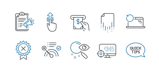 Set of Technology icons, such as Megaphone checklist, Recovery file, Search, No internet, Reject medal, Recovery laptop, Atm service, Swipe up, Seo, Quickstart guide line icons. Vector