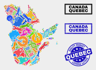 Vector collage of service Quebec Province map and blue seal for quality product. Quebec Province map collage made with tools, wrenches, science icons.