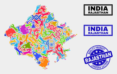 Vector combination of tools Rajasthan State map and blue watermark for quality product. Rajasthan State map collage formed with tools, spanners, production icons.