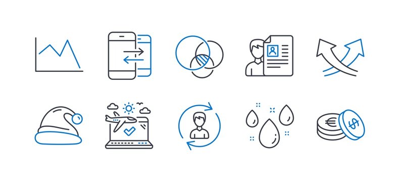 Set of Business icons, such as Euler diagram, Phone communication, Santa hat, Rainy weather, Human resources, Line chart, Airplane travel, Intersection arrows, Job interview, Savings. Vector