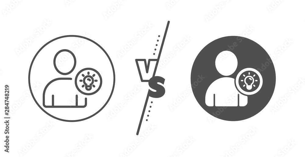 Poster profile with lamp bulb sign. versus concept. user line icon. person silhouette with idea symbol. lin