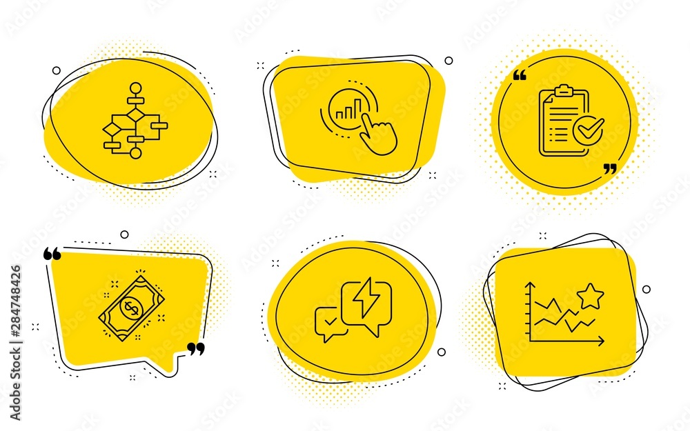 Poster payment, lightning bolt and ranking stars signs. chat bubbles. graph chart, block diagram and survey