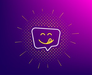 Yummy smile line icon. Halftone pattern. Emoticon with tongue sign. Speech bubble symbol. Gradient background. Yummy smile line icon. Yellow halftone pattern. Vector