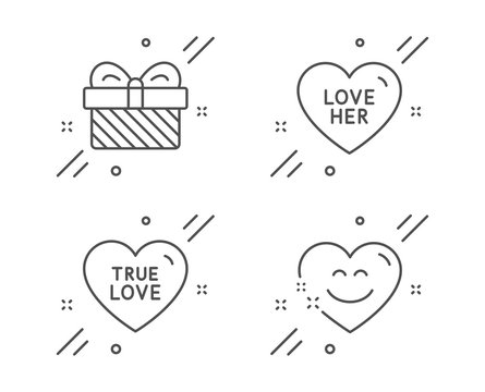 True love, Love her and Gift line icons set. Smile chat sign. Sweet heart, Sweetheart, Present. Heart face. Holidays set. Line true love outline icon. Vector - Powered by Adobe