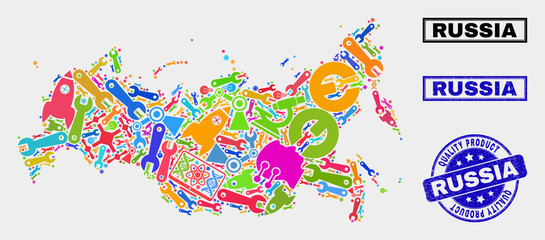 Vector collage of tools Russia map and blue stamp for quality product. Russia map collage created with equipment, spanners, industry icons. Vector abstract collage of Russia map for service business,