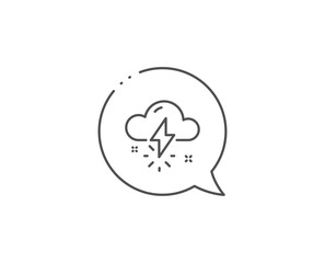 Thunderstorm weather line icon. Chat bubble design. Thunderbolt with cloud sign. Bad day symbol. Outline concept. Thin line thunderstorm weather icon. Vector