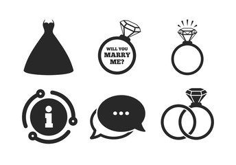 Bride and groom rings symbol. Chat, info sign. Wedding dress icon. Wedding or engagement day ring shine with diamond sign. Will you marry me? Classic style speech bubble icon. Vector