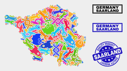 Vector collage of service Saarland Land map and blue stamp for quality product. Saarland Land map collage composed with tools, spanners, industry symbols.