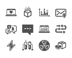 Set of Technology icons, such as Support chat, Web love, Verified mail, Survey progress, Augmented reality, Energy, Chemical hazard, Blog, Packing boxes, Web analytics, Survey results. Vector