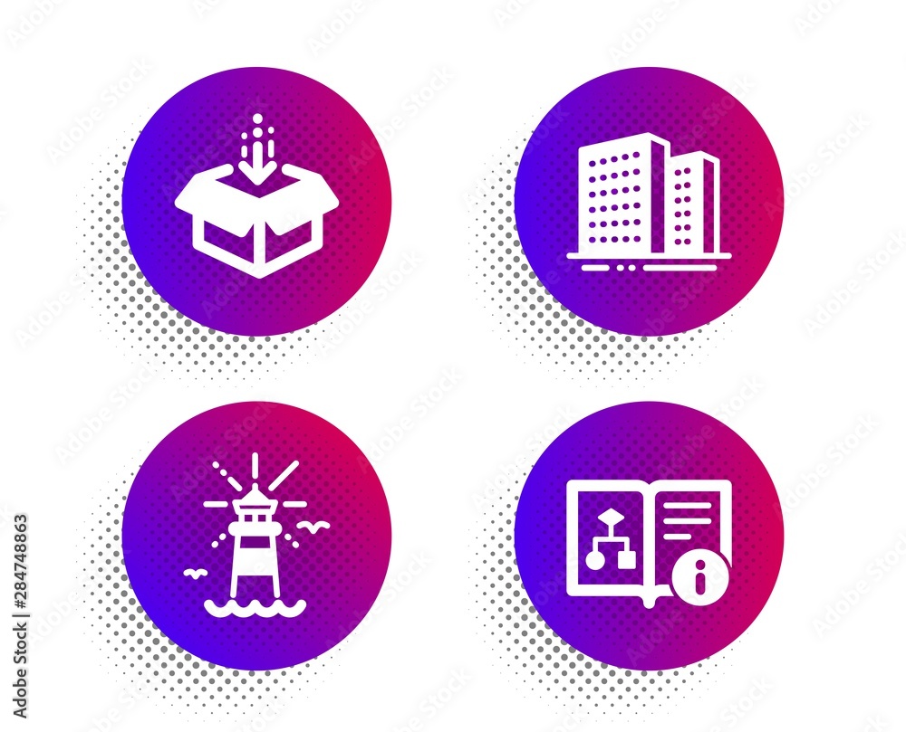 Poster lighthouse, get box and buildings icons simple set. halftone dots button. technical algorithm sign. 