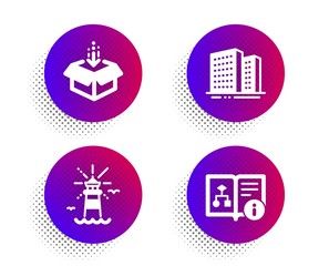 Lighthouse, Get box and Buildings icons simple set. Halftone dots button. Technical algorithm sign. Navigation beacon, Send package, Town apartments. Project doc. Industrial set. Vector