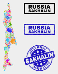 Vector collage of service Sakhalin Island map and blue stamp for quality product. Sakhalin Island map collage designed with equipment, spanners, science icons.