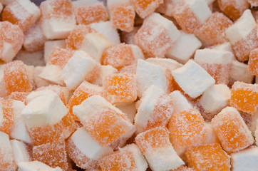 Heap of colorful turkish delight in a box, ready for serving