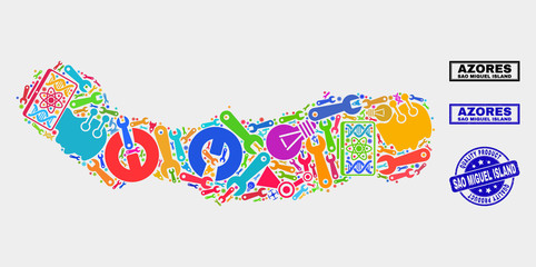 Vector composition of service Sao Miguel Island map and blue stamp for quality product. Sao Miguel Island map collage designed with equipment, wrenches, industry icons.