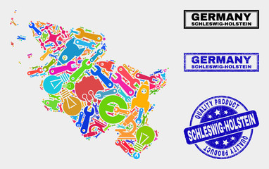 Vector collage of tools Schleswig-Holstein Land map and blue stamp for quality product. Schleswig-Holstein Land map collage formed with tools, spanners, industry symbols.