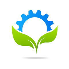 gear and leaf logo combination. Mechanic and eco symbol or icon