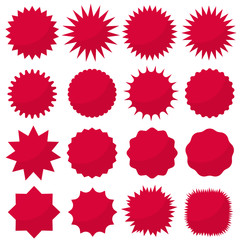 Starburst seals set, Bursting rays clip art. Red sparkles. Sale sticker. Vector