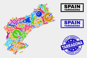 Vector collage of service Tarragona Province map and blue seal stamp for quality product. Tarragona Province map collage formed with equipment, spanners, science icons.