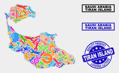 Vector collage of industrial Tiran Island map and blue seal stamp for quality product. Tiran Island map collage formed with equipment, wrenches, science icons.