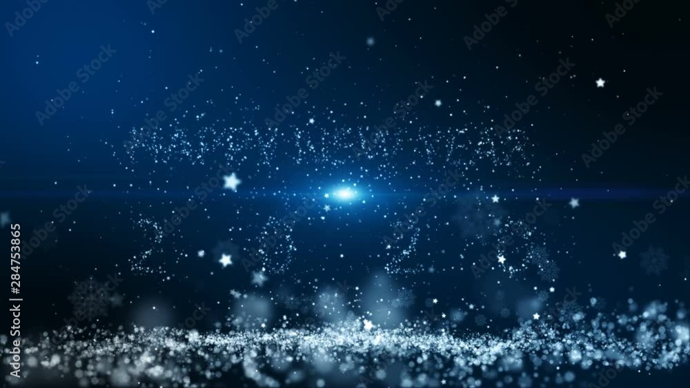 Poster animation motion background, the particle merges into a happy new year 2020 with light ray beam.