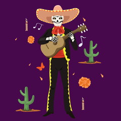 Mexican musician skeleton plays the guitar. Vector graphics.