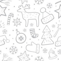 Seamless christmas pattern. Line drawn attributes on a light background. Vector graphic background
