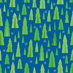 Green Christmas trees seamless pattern on blue background. Vector full color graphics