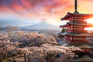 Fujiyoshida, Japan Beautiful view of mountain Fuji and Chureito pagoda at sunset, japan in the...