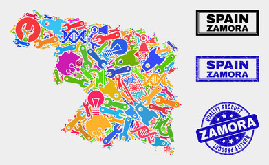 Vector collage of service Zamora Province map and blue watermark for quality product. Zamora Province map collage designed with tools, wrenches, industry symbols.