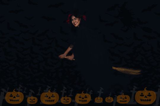 halloween dark tone background of flying witch on broomstick on dark  night background