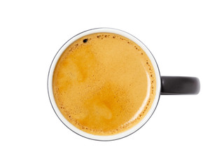 coffee cup, top view of coffee black in black ceramic cup isolated on white background. with clipping path.
