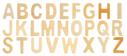Capital wooden block letter alphabet set of 26 isolated on white background