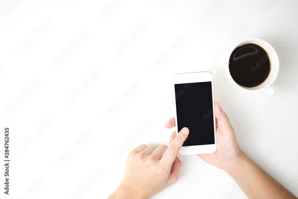Poster use a smartphone on a white background. top view with copy space.