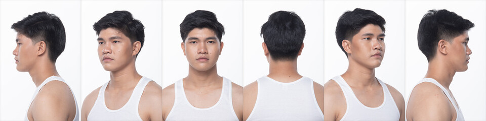 Collage pack group of Asian Teenager man after make up hair style. no retouch, fashion face, express many feeling and posing. Studio lighting white background isolated, rear side back view