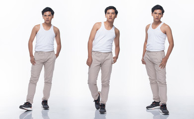 Collage pack group of Asian Teenager man express many acting posing in full length snap body. Studio lighting white background isolated.