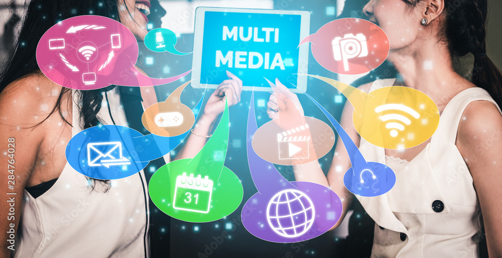 Poster multimedia and computer applications concept. business people using technology of digital gadget wit