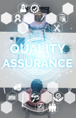 Quality Assurance and Quality Control Concept - Modern graphic interface showing certified standard...