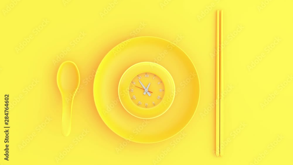 Poster yellow clock in bowl with spoon and chopsticks yellow background, minimal and break time idea concep