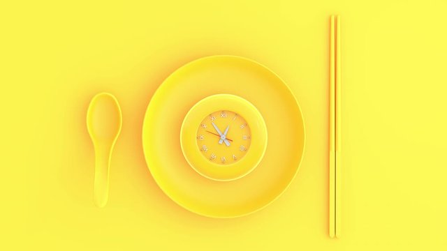 Yellow clock in bowl with spoon and chopsticks yellow background, Minimal and Break time idea concept. The beginning of time 12.00 run fast to 01.00. Timelapse moving fast, 3D Render.