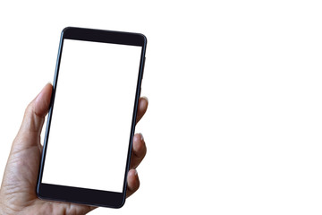 Mockup image of woman hand holding mobile smart phone with blank white screen isolated on white background.