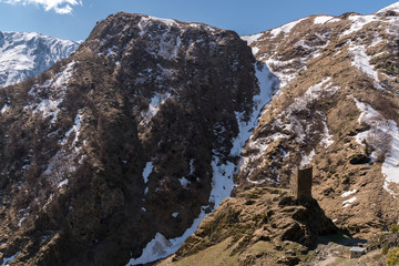 The ruins of an ancient tower near the village of Gergeti in Georgia