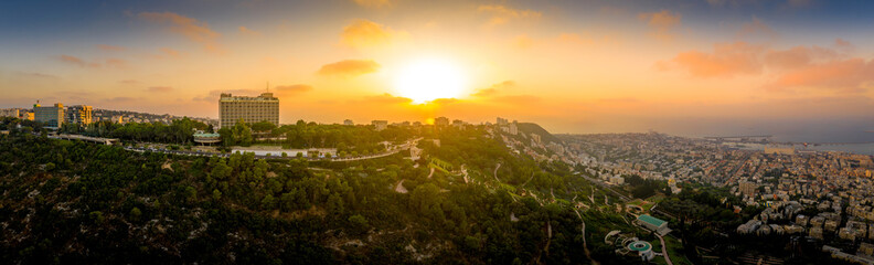 Aerial view of sunset over the Carmel mountain in Haifa Israel