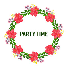 Party time card art, isolated on white background, with bright green leafy flower frame decorative element. Vector