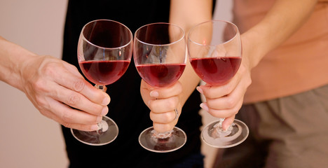 Hand of group friends celebrate successfully with red wine in the party. Young toasting in party and drinking after work hard for relax and be enjoy. Celebration Concept , Cheers!