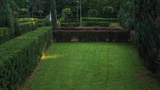 4k Aerial photography French garden in central Buchan city park. A masterpiece of topiary art.