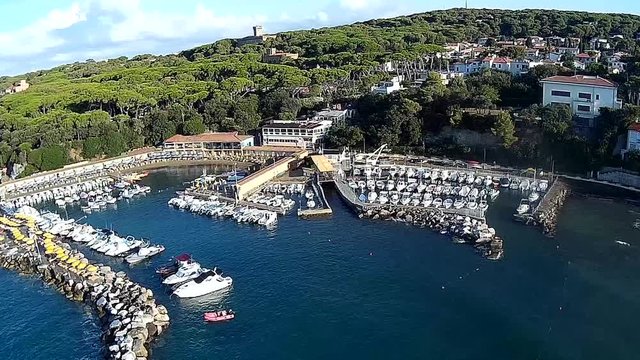 Castiglioncello. Aerial view of Bagno Salvadori area cliff beaches. Sunny say. Livorno Italy