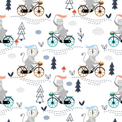 Tiere fahren Fahrrad mit Flaggenmusterhintergrund. Kinderdesign für Stoffe, Verpackungen, Textilien, Tapeten, Bekleidung. Vektor-Illustration.