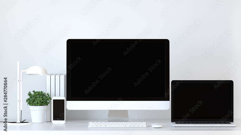 Fototapete office equipment mock up element notebook is on the table in front white wall ,objects 3d rendering 